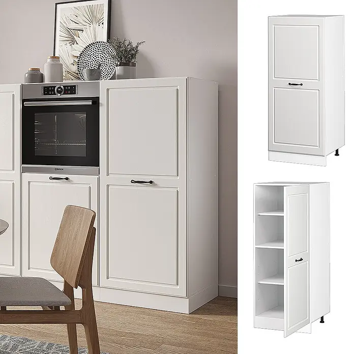 Vicco Schrankküche R-Line Weiß Landhaus - Weiß Landhaus, Vorratsschrank 60cm - Weiße hohe Küchenschränke mit vertieften Paneeltüren und schwarzen Griffen, inklusive integriertem Backofen und Stauraum.