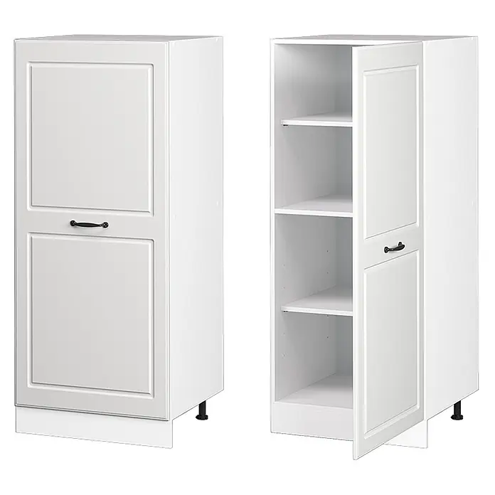 Vicco Schrankküche R-Line Weiß Landhaus - Weiß Landhaus, Vorratsschrank 60cm - Weißer Hochschrank mit zwei Kassettentüren und schwarzen Griffen, geschlossen und offen mit Einlegeböden gezeigt.
