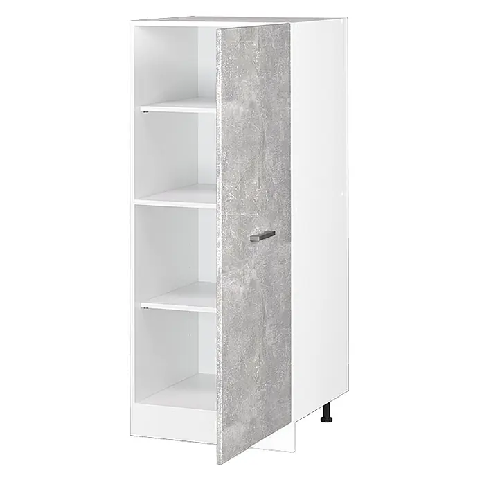 Vicco Schrankküche R-Line Beton - Beton, Vorratsschrank 60cm - Weißer Schrank mit grauer Betonoptik-Tür, leicht geöffnet, mit Einlegeböden, Griff und schwarzen Füßen.