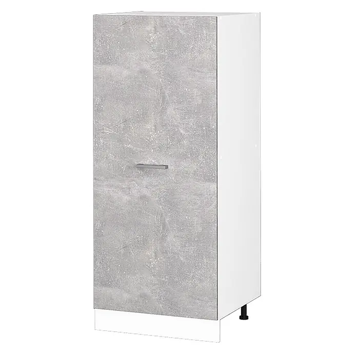 Vicco Schrankküche R-Line Beton - Beton, Vorratsschrank 60cm - Hoher weißer Schrank mit grauer Betonoptik-Tür, silbernem Griff und weißem Sockel.