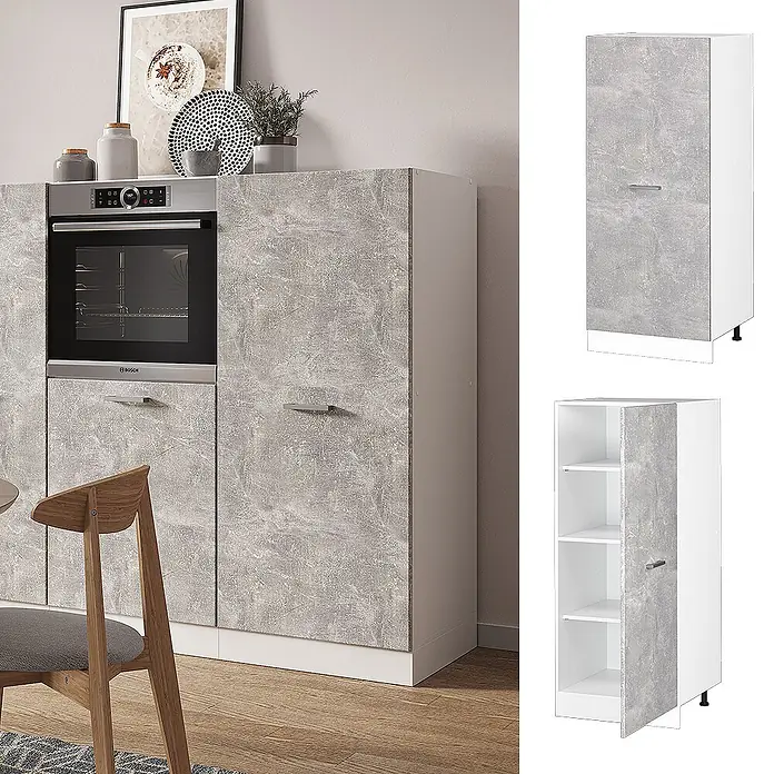 Vicco Schrankküche R-Line Beton - Beton, Vorratsschrank 60cm - Modulare Küchenschrankeinheit mit grauen Türen in Betonoptik und weißem Rahmen, mit integriertem Backofen und Stauraum.
