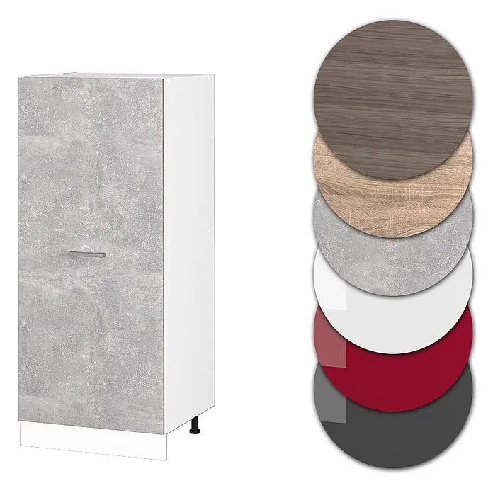 Vicco Schrankküche R-Line Beton - Beton, Vorratsschrank 60cm - Grauer Küchenunterschrank in Betonoptik mit weißem Korpus und Griff. Verschiedene Materialmuster abgebildet.