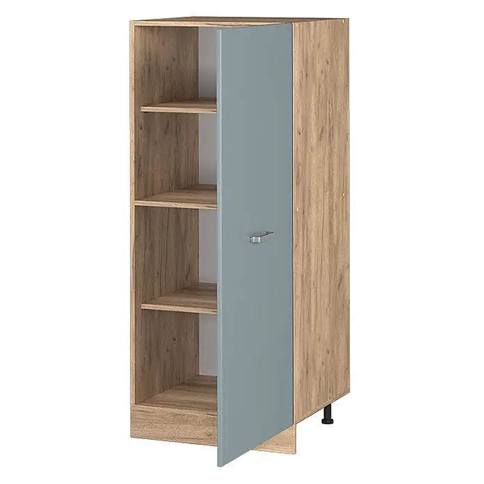 Vicco Schrankküche R-Line Blau-Grau - Blau-Grau, Vorratsschrank 60 cm - Schmaler Schrank in Eichenoptik mit blaugrauer Tür, offenen Fächern und silbernem Griff.