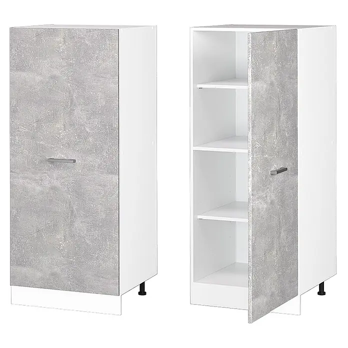 Vicco Schrankküche R-Line Beton - Beton, Vorratsschrank 60cm - Hoher Schrank mit grauer Marmoroptik-Tür und weißen Seiten, geschlossen und offen mit weißen Regalböden.