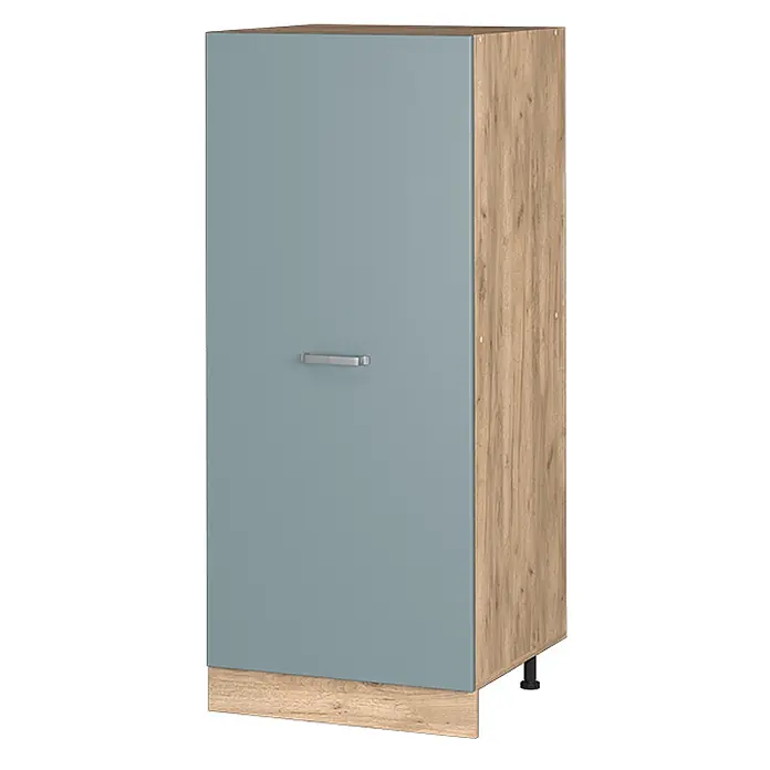 Vicco Schrankküche R-Line Blau-Grau - Blau-Grau, Vorratsschrank 60 cm - Hoher Schrank mit hellblau-grauer Tür, Holzoptik-Seiten, silbernem Griff und verstellbaren Füßen.