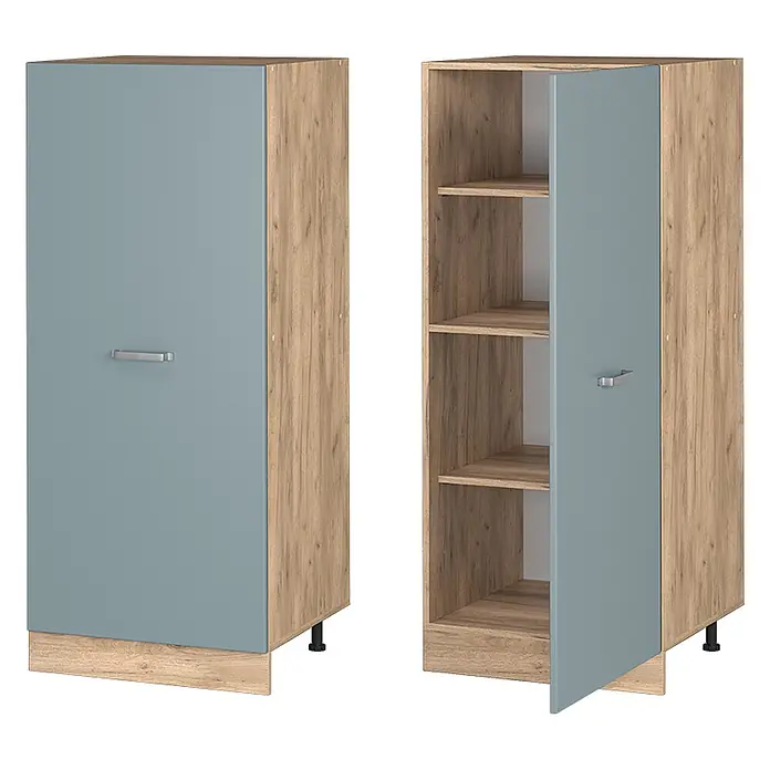 Vicco Schrankküche R-Line Blau-Grau - Blau-Grau, Vorratsschrank 60 cm - Hoher schmaler Schrank mit Holzmaserung an den Seiten und hellblau-grauer Tür, geschlossen und geöffnet mit Innenfächern.