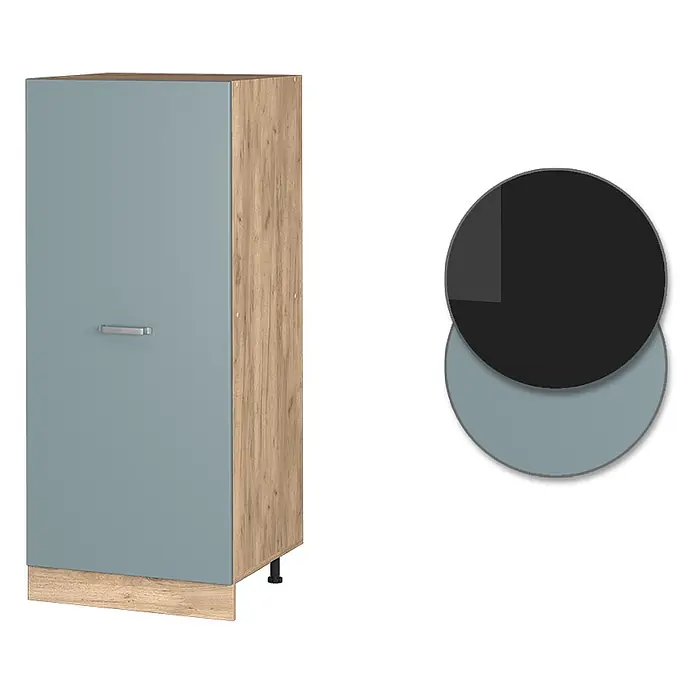 Vicco Schrankküche R-Line Blau-Grau - Blau-Grau, Vorratsschrank 60 cm - Hochschrank mit blaugrauer Tür, hellem Holzdekor und Metallgriff.