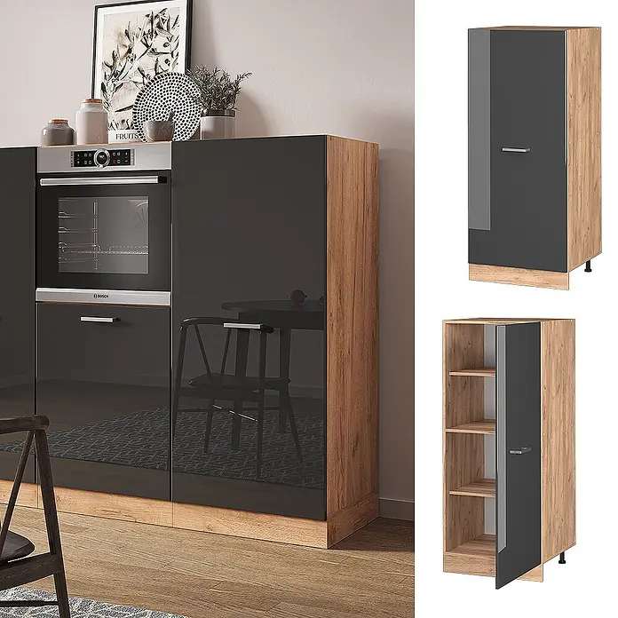 Vicco Schrankküche R-Line Anthrazit Hochglanz - Anthrazit Hochglanz, Vorratsschrank 60cm - Hoher Küchenschrank mit dunkelgrauen Hochglanztüren und hellem Holzrahmen, zur Aufbewahrung geeignet.