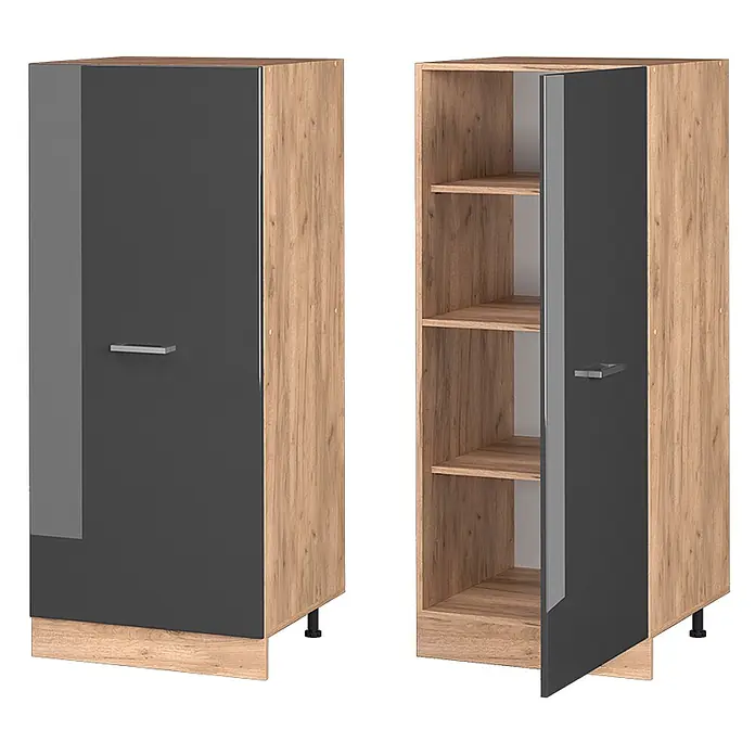 Vicco Schrankküche R-Line Anthrazit Hochglanz - Anthrazit Hochglanz, Vorratsschrank 60cm - Hoher Schrank in Eichenoptik mit dunkelgrauer Hochglanztür, geschlossen und geöffnet mit Innenregalen.
