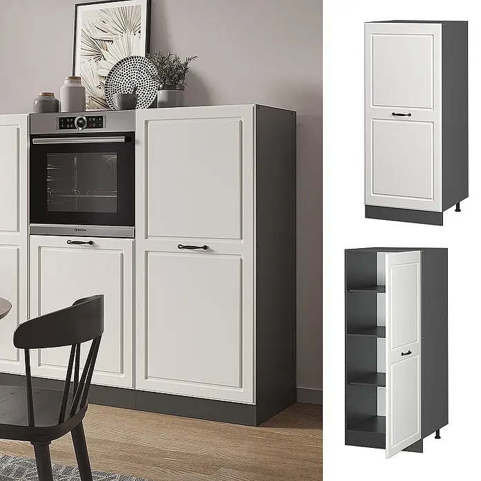 Vicco Schrankküche R-Line Weiß Landhaus - Weiß Landhaus, Vorratsschrank 60cm - Hoher Küchenschrank mit zwei weißen Rahmentüren, dunkelgrauem Korpus, integriert in eine moderne Küche und als separate Einheit mit Regalen.