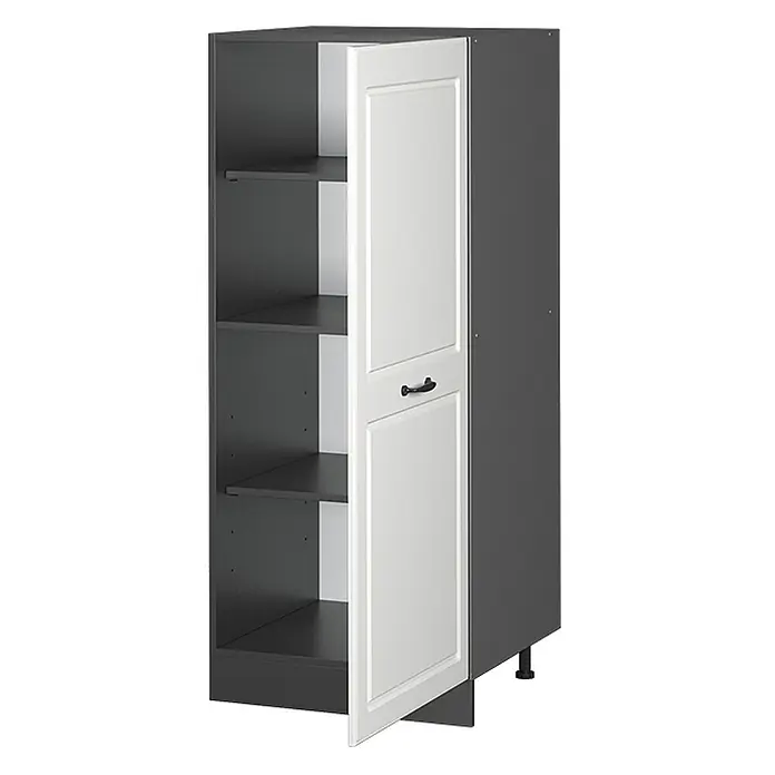Vicco Schrankküche R-Line Weiß Landhaus - Weiß Landhaus, Vorratsschrank 60cm - Hoher, dunkelgrauer Küchenschrank mit offener weißer Kassettentür, schwarzem Griff und Einlegeböden.