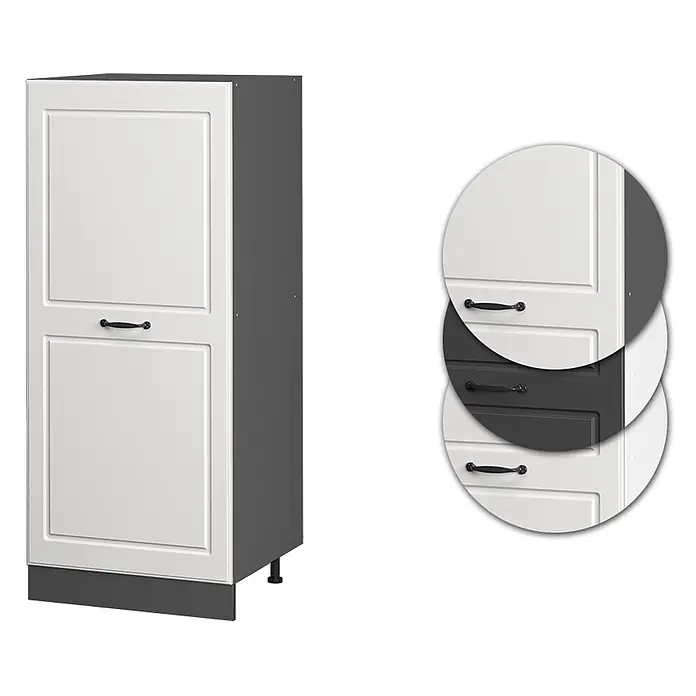 Vicco Schrankküche R-Line Weiß Landhaus - Weiß Landhaus, Vorratsschrank 60cm - Weißer Küchenschrank mit Kassettentüren, schwarzen Griffen und dunkelgrauen Seiten. Zeigt Farbvarianten mit dunkelgrauen Schubladenblenden.