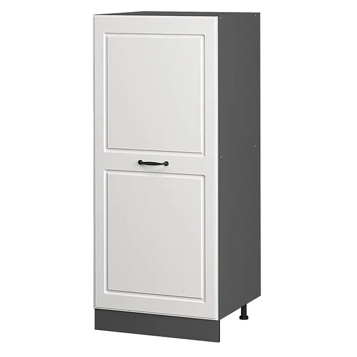 Vicco Schrankküche R-Line Weiß Landhaus - Weiß Landhaus, Vorratsschrank 60cm - Weißer Küchenschrank mit Paneeltür, dunkelgrauem Rahmen, schwarzem Griff, dunkler Sockelblende und Füßen.