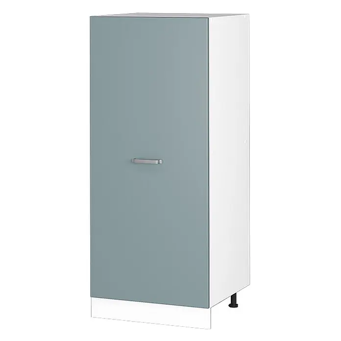 Vicco Schrankküche R-Line Blau-Grau - Blau-Grau, Vorratsschrank 60 cm - Hoher graublauer Schrank mit silbernem Griff, weißen Seiten, weißer Sockelleiste und schwarzen Stellfüßen.