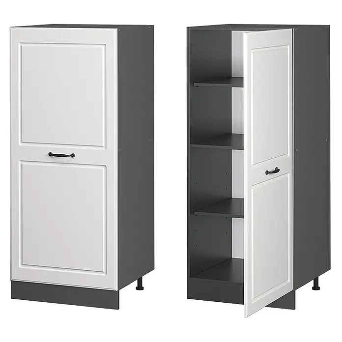 Vicco Schrankküche R-Line Weiß Landhaus - Weiß Landhaus, Vorratsschrank 60cm - Zwei hohe Aufbewahrungsschränke, einer geschlossen, einer offen mit Regalen, mit dunkelgrauem Korpus und weißen Kassettentüren.