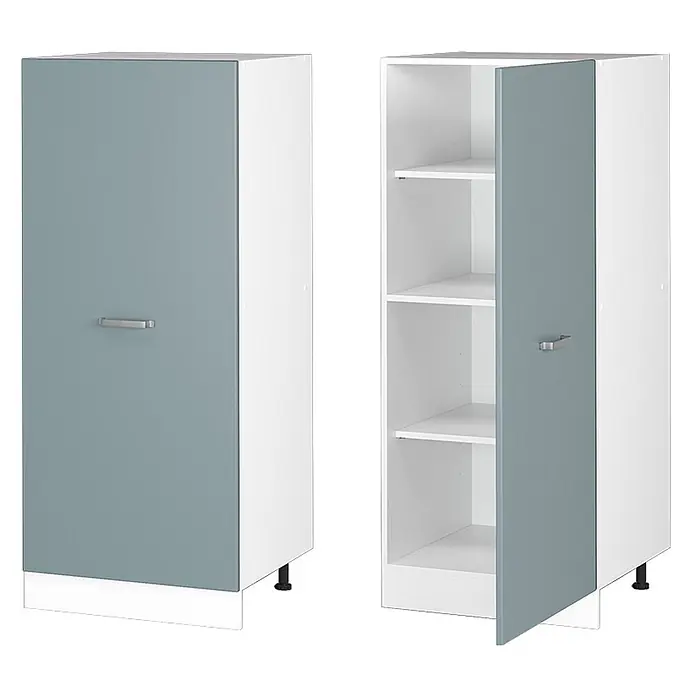 Vicco Schrankküche R-Line Blau-Grau - Blau-Grau, Vorratsschrank 60 cm - Hoher weißer Hochschrank mit hellgrau-blauer Tür, geschlossen und offen mit Einlegeböden.