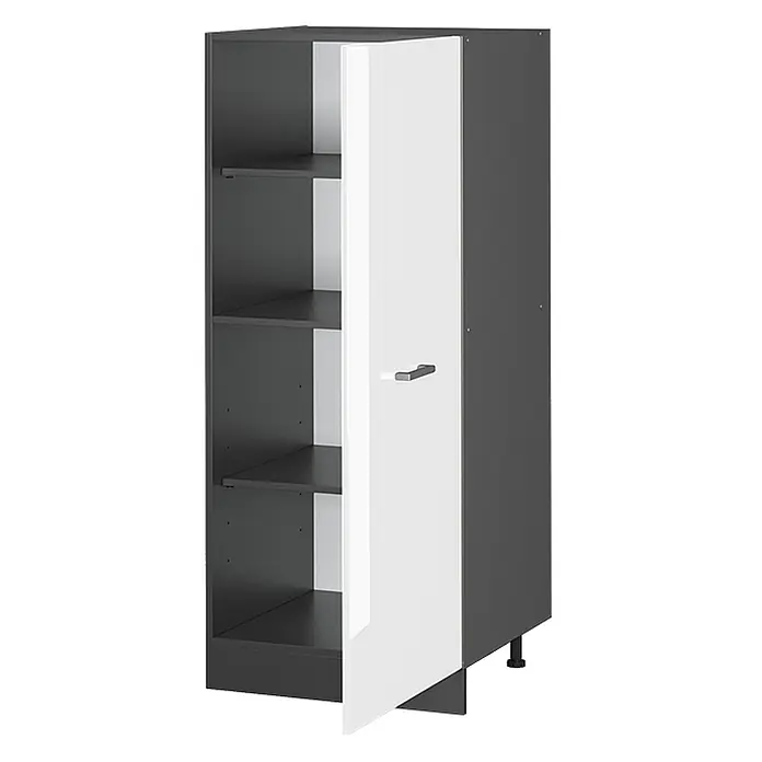 Vicco Schrankküche R-Line Weiß Hochglanz - Weiß Hochglanz, Vorratsschrank 60 cm - Hoher, dunkelgrauer Schrank mit einer weißen Hochglanztür, die leicht geöffnet ist und Innenfächer zeigt. Mit silbernem Griff und schwarzen Beinen.