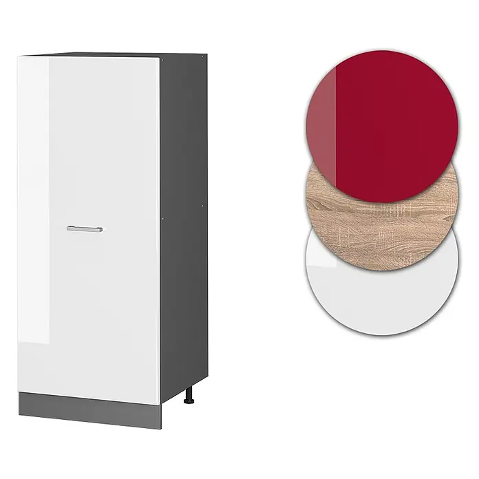 Vicco Schrankküche R-Line Weiß Hochglanz - Weiß Hochglanz, Vorratsschrank 60 cm - Glänzender weißer Unterschrank mit grauem Korpus und silbernem Griff. Anpassbar mit roten, Holz- oder weißen Hochglanztüren.