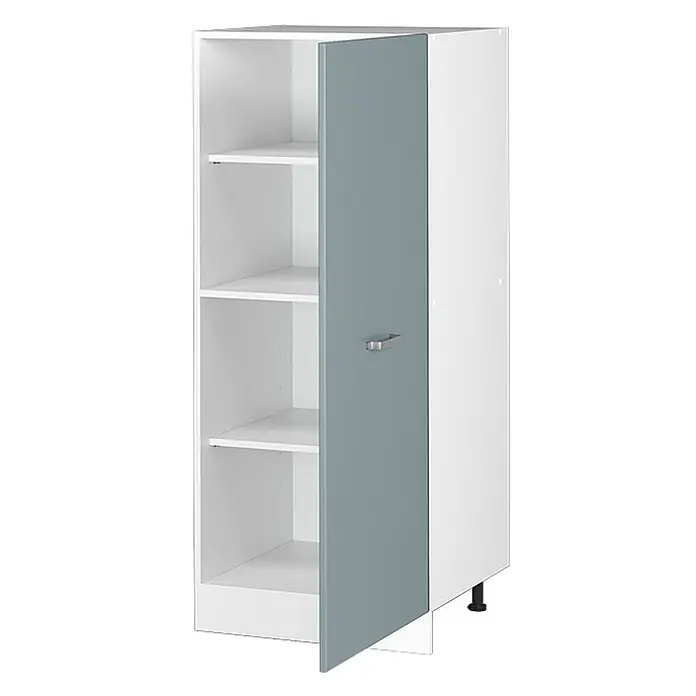 Vicco Schrankküche R-Line Blau-Grau - Blau-Grau, Vorratsschrank 60 cm - Weißer und grauer Schrank mit offenen Fächern links und einer Tür mit Griff rechts.