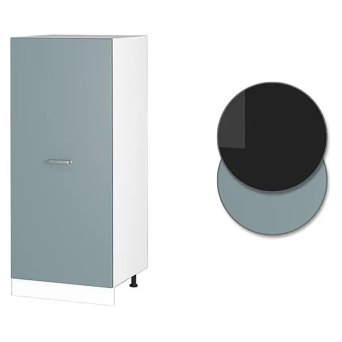 Vicco Schrankküche R-Line Blau-Grau - Blau-Grau, Vorratsschrank 60 cm - Hoher hellblau-grauer Schrank mit weißen Seiten und silbernem Griff, mit passenden Farbmustern.