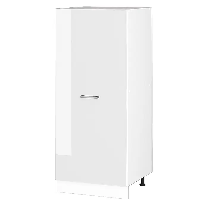 Vicco Schrankküche R-Line Weiß Hochglanz - Weiß Hochglanz, Vorratsschrank 60 cm - Hoher glänzender weißer Aufbewahrungsschrank mit einer Tür und einem silbernen Griff.