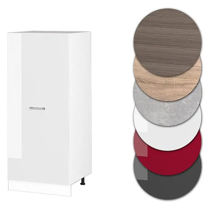 Vicco Schrankküche R-Line Weiß Hochglanz - Weiß Hochglanz, Vorratsschrank 60 cm - Weißer Hochglanzschrank mit Griff und Farbmuster (Holz, Beton, Farben).