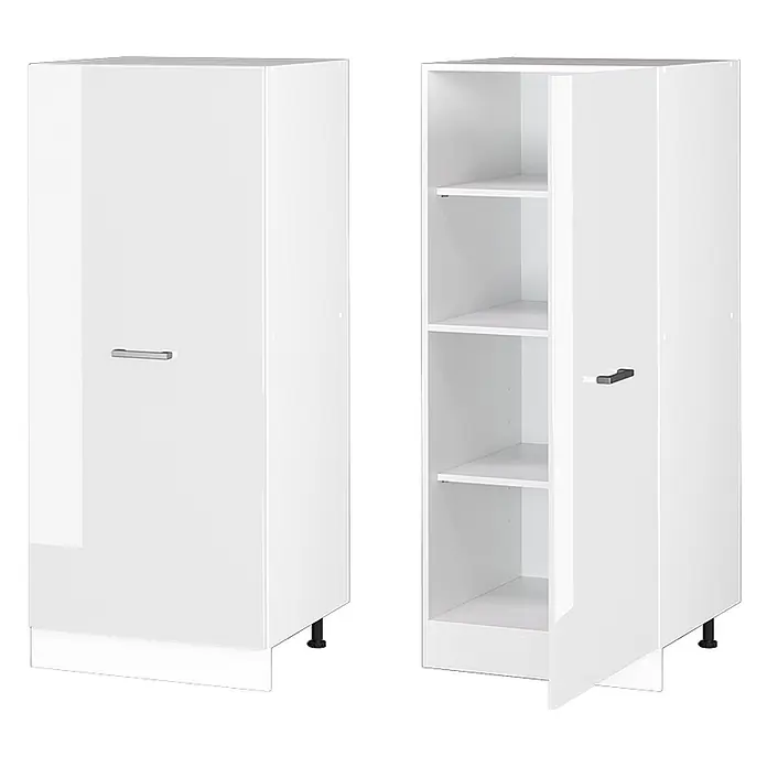 Vicco Schrankküche R-Line Weiß Hochglanz - Weiß Hochglanz, Vorratsschrank 60 cm - Weißer Hochschrank mit Einzeltür, geschlossen und geöffnet mit mehreren Einlegeböden gezeigt. Mit silbernem Griff und schwarzen Stellfüßen.