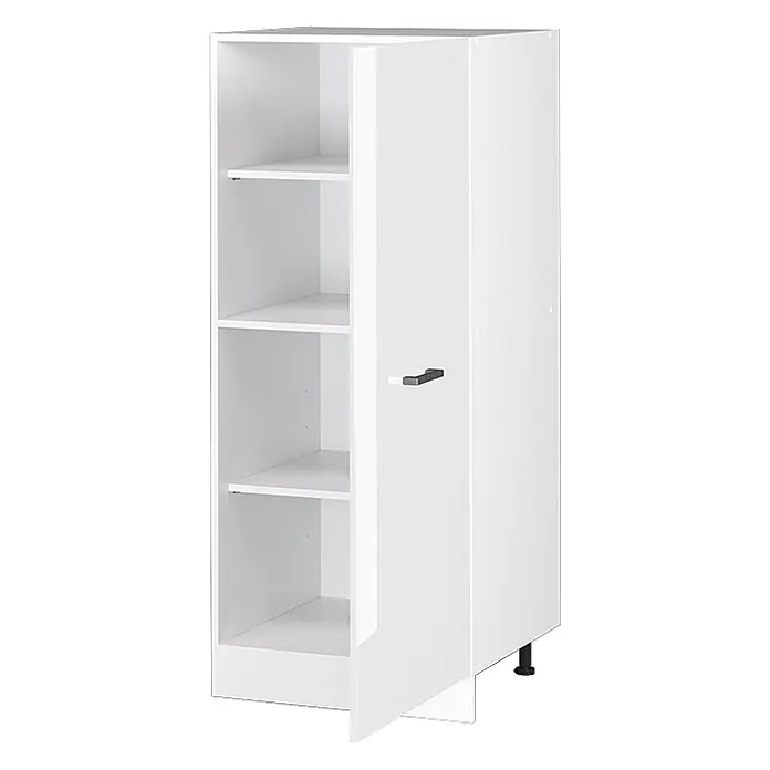 Vicco Schrankküche R-Line Weiß Hochglanz - Weiß Hochglanz, Vorratsschrank 60 cm - Weißer Schrank mit drei offenen Fächern links und einer teilweise geöffneten Tür mit dunklem Griff rechts. Mit verstellbaren Füßen.