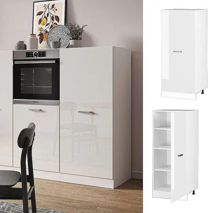 Vicco Schrankküche R-Line Weiß Hochglanz - Weiß Hochglanz, Vorratsschrank 60 cm - Hoher weißer Hochglanzschrank mit Innenregalen, geeignet für Küchen oder Hauswirtschaftsräume, im Kontext mit einem Einbauofen gezeigt.