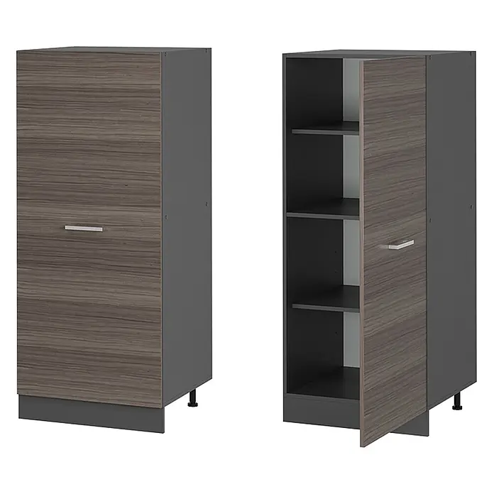 Vicco Schrankküche R-Line Edelgrau - Edelgrau, Vorratsschrank 60cm - Hoher Schrank mit Tür in dunkler Holzoptik, dunkelgrauem Rahmen und Innenregalen. Geschlossen und teilweise geöffnet gezeigt.