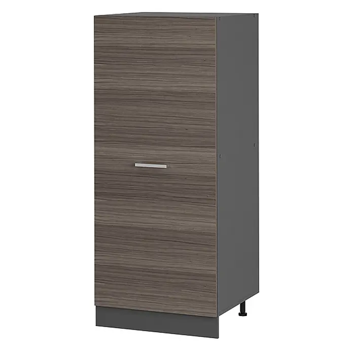 Vicco Schrankküche R-Line Edelgrau - Edelgrau, Vorratsschrank 60cm - Holzmaserung braun-grauer Schrank mit silbernem Griff und dunkelgrauer Sockelleiste.
