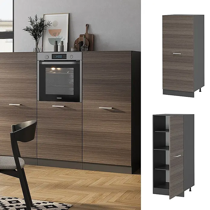 Vicco Schrankküche R-Line Edelgrau - Edelgrau, Vorratsschrank 60cm - Moderne Küchenschränke in dunkler Holzoptik mit grauem Sockel, mit integriertem Backofen und separaten Schrankelementen.