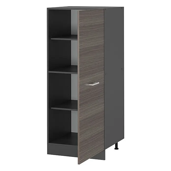 Vicco Schrankküche R-Line Edelgrau - Edelgrau, Vorratsschrank 60cm - Hoher, dunkelgrauer Schrank mit leicht geöffneter Holztür, der Innenfächer zeigt. Mit silbernem Griff und verstellbaren Füßen.