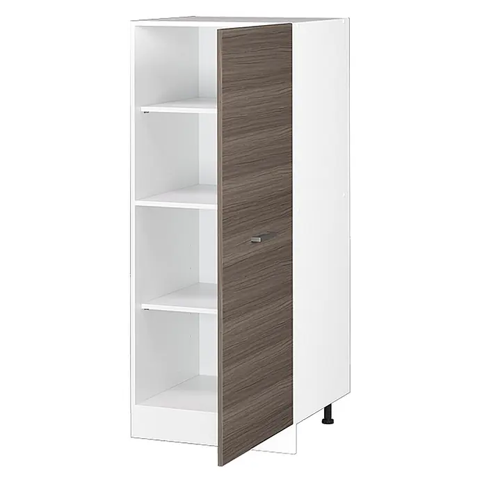 Vicco Schrankküche R-Line Edelgrau - Edelgrau, Vorratsschrank 60cm - Hoher weißer Schrank mit vier offenen Regalen links und einer dunkelbraunen Tür mit Holzmaserung rechts, mit silbernem Griff.