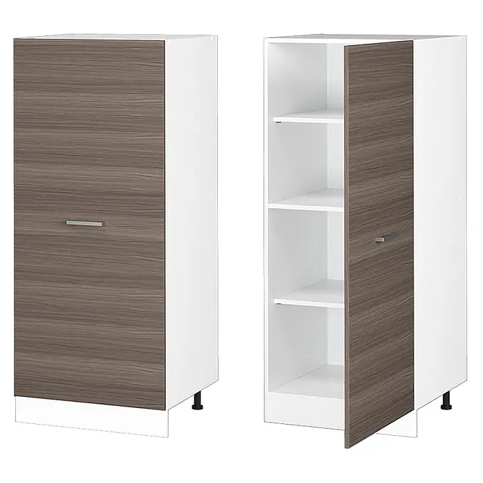 Vicco Schrankküche R-Line Edelgrau - Edelgrau, Vorratsschrank 60cm - Zwei hohe weiße Schränke mit Türen in dunkler Holzoptik. Einer geschlossen, einer offen mit Regalböden.