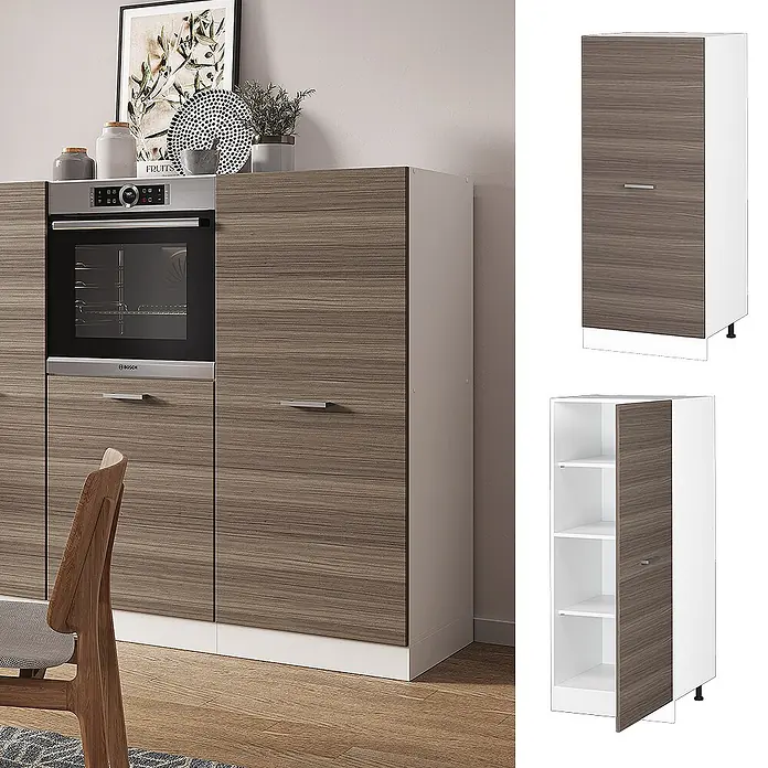 Vicco Schrankküche R-Line Edelgrau - Edelgrau, Vorratsschrank 60cm - Küchenunterschränke mit Holzoptik-Fronten und weißen Seiten, inklusive integriertem Backofen und Stauraum.