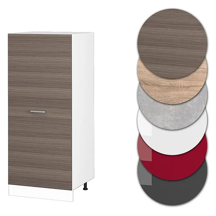 Vicco Schrankküche R-Line Edelgrau - Edelgrau, Vorratsschrank 60cm - Aufbewahrungsschrank mit brauner Holzmaserungstür und weißem Korpus, dargestellt mit verschiedenen Materialmustern.