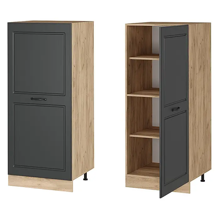 Vicco Schrankküche R-Line Anthrazit Landhaus - Breite: 60 cm, Anthrazit Landhaus, Vorratsschrank 60 cm - Hoher Aufbewahrungsschrank mit dunkelgrauer Tür, hellem Holzdekor und Innenfächern. Geschlossen und offen dargestellt.