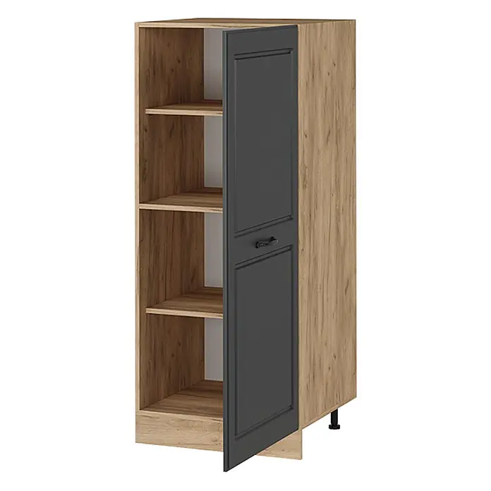 Vicco Schrankküche R-Line Anthrazit Landhaus - Breite: 60 cm, Anthrazit Landhaus, Vorratsschrank 60 cm - Holzoptik-Schrank mit offenen Regalen und einer dunkelgrauen Kassettentür mit schwarzem Griff, auf verstellbaren Füßen.