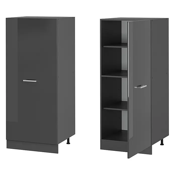 Vicco Schrankküche R-Line Anthrazit Hochglanz - Breite: 60 cm, Anthrazit Hochglanz, Vorratsschrank 60 cm - Dunkelgrauer Hochschrank mit Tür und Einlegeböden, geschlossen und geöffnet dargestellt.