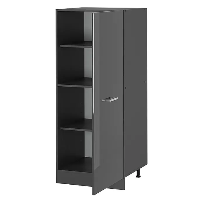 Vicco Schrankküche R-Line Anthrazit Hochglanz - Breite: 60 cm, Anthrazit Hochglanz, Vorratsschrank 60 cm - Dunkelgrauer Schrank mit offenen Regalen links und einem geschlossenen Doppeltürschrank mit silbernem Griff rechts.