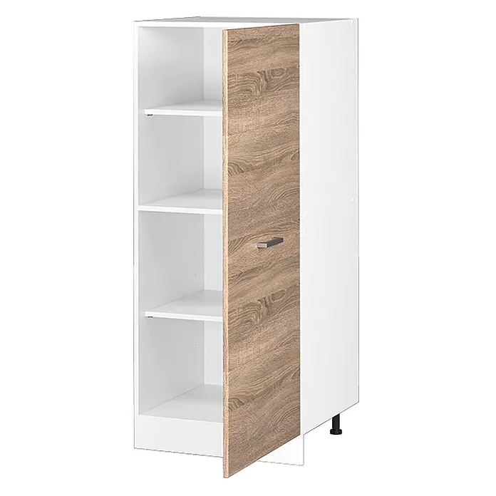 Vicco Schrankküche R-Line Sonoma - Sonoma, Vorratsschrank 60cm - Hoher Stauraumschrank mit weißen Einlegeböden und teilweise offener Tür in Holzoptik mit Griff. Steht auf schwarzen Füßen.
