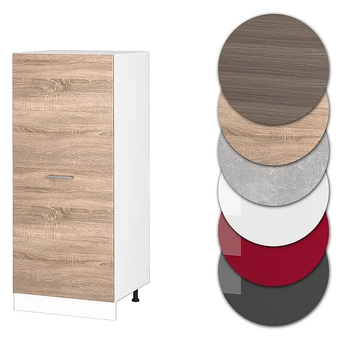 Vicco Schrankküche R-Line Sonoma - Sonoma, Vorratsschrank 60cm - Schrank mit Holzoptik-Tür und weißen Seiten, daneben ein Stapel runder Materialmuster.