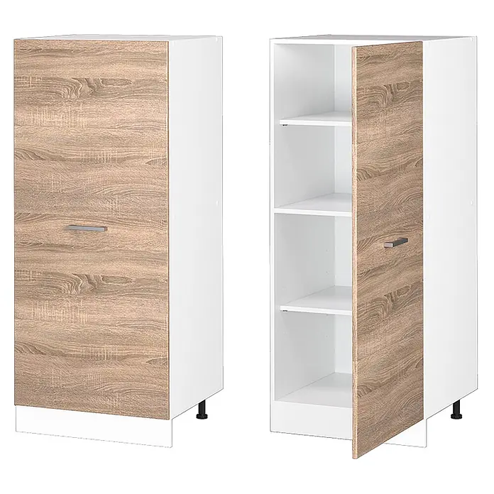 Vicco Schrankküche R-Line Sonoma - Sonoma, Vorratsschrank 60cm - Hoher Schrank in Weiß und Holzoptik mit einer Tür, geschlossen und offen mit drei Einlegeböden gezeigt.