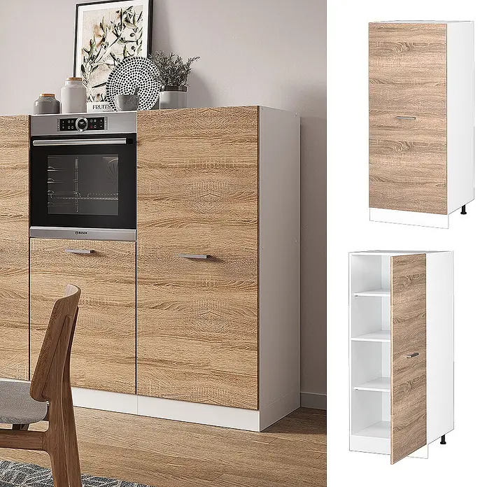 Vicco Schrankküche R-Line Sonoma - Sonoma, Vorratsschrank 60cm - Schmaler Aufbewahrungsschrank mit heller Holzoptik-Tür und weißem Rahmen, innen mit Regalböden.