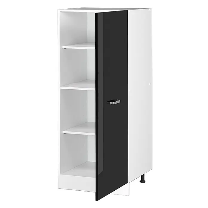 Vicco Vorratsschrank R-Line, Schwarz Hochglanz, 60 cm -  - Weißer Schrank mit verstellbaren Regalböden und teilweise geöffneter, schwarzer Hochglanztür mit silbernem Griff.