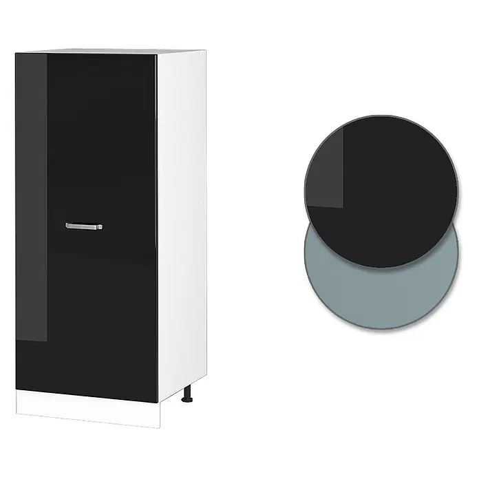 Vicco Vorratsschrank R-Line, Schwarz Hochglanz, 60 cm -  - Hoher schwarz-weißer Schrank mit glänzender schwarzer Tür und silbernem Griff, dazu Farbmuster in Schwarz und Blaugrau.
