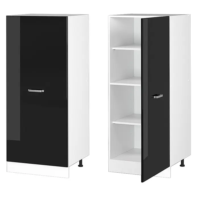 Vicco Vorratsschrank R-Line, Schwarz Hochglanz, 60 cm -  - Weißer Schrank mit schwarzer Hochglanztür, geschlossen und geöffnet mit Innenböden gezeigt.