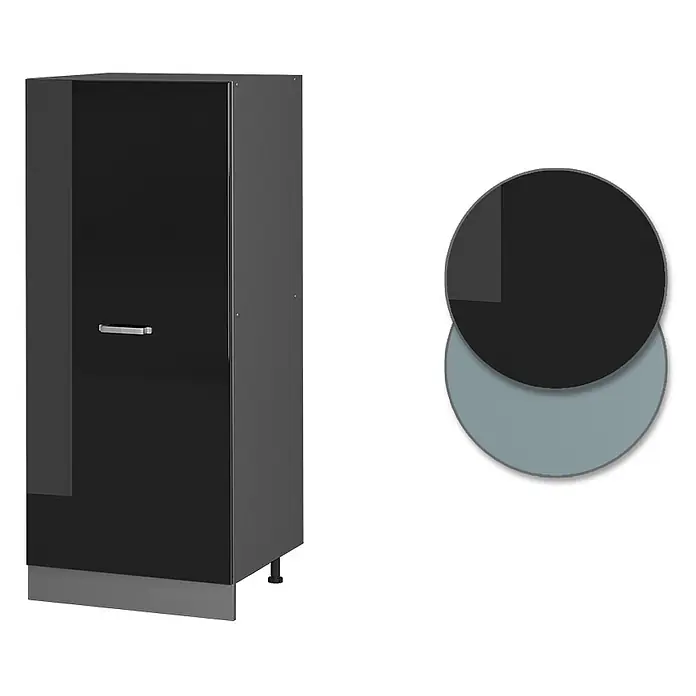 Vicco Vorratsschrank R-Line, Schwarz Hochglanz, 60 cm -  - Hoher schwarzer Hochglanzschrank mit silbernem Griff und grauem Sockel, mit schwarzen und graublauen Farbmustern.