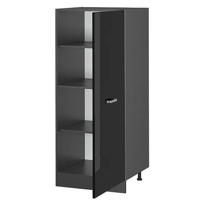 Vicco Vorratsschrank R-Line, Schwarz Hochglanz, 60 cm -  - Hoher dunkelgrauer Schrank mit glänzender, teilweise geöffneter Tür, der mehrere Innenablagen und einen silbernen Griff zeigt.